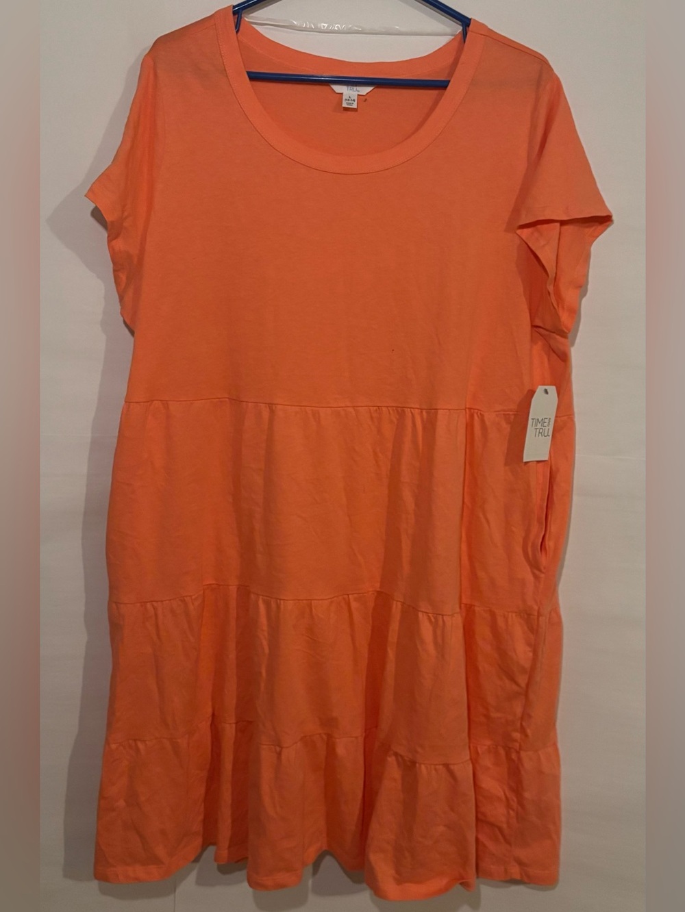 NWT Time and Tru Tiered T-Shirt Dress L 12-14 Coral Orange 100% Cotton